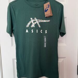 Asics Holiday Lights Logo Crew Neck Green T-Shirt, Men's Size XS